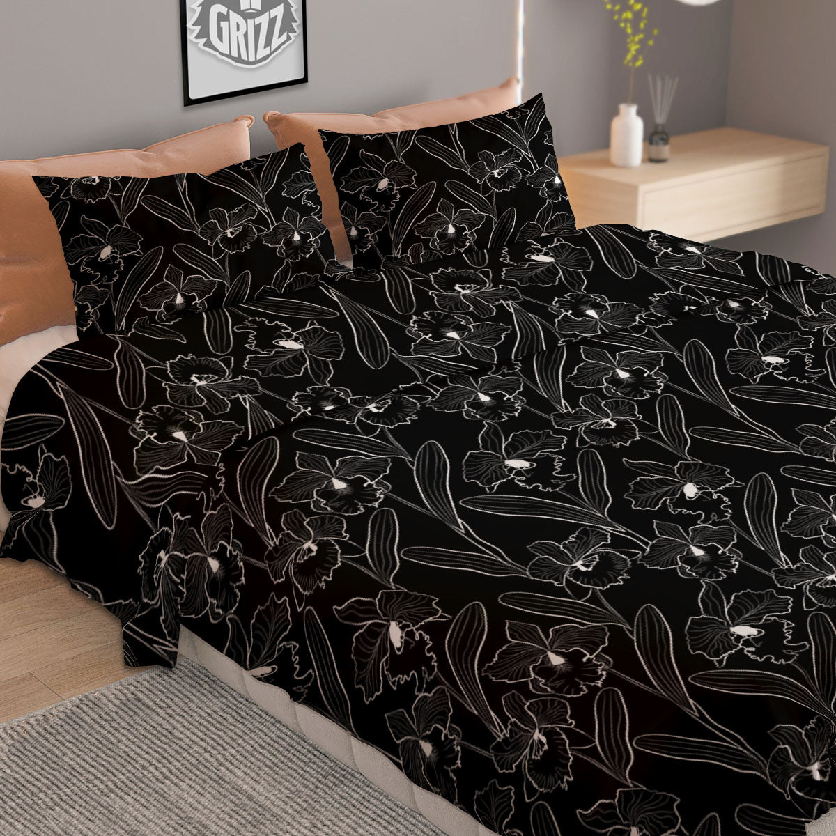 Flower Black Cattleya Print Pattern Duvet Cover Bedding Set