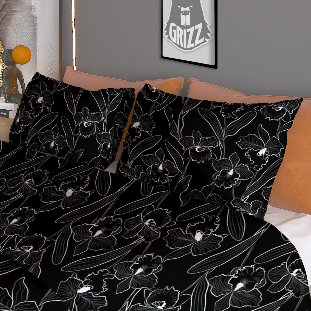 Flower Black Cattleya Print Pattern Duvet Cover Bedding Set