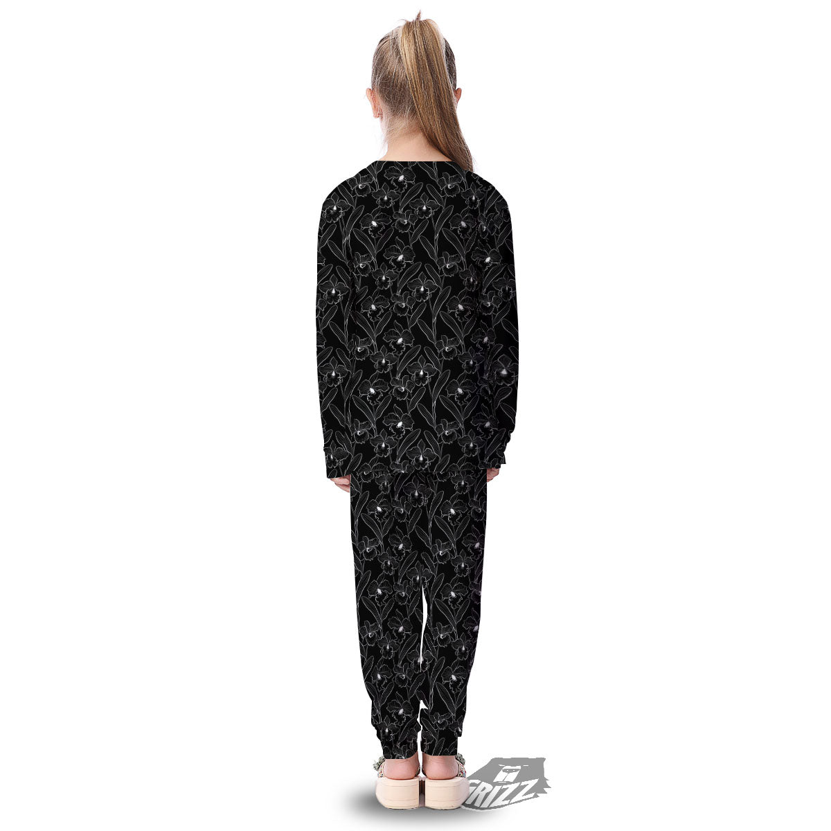 Flower Black Cattleya Print Pattern Kid's Pajamas-grizzshop