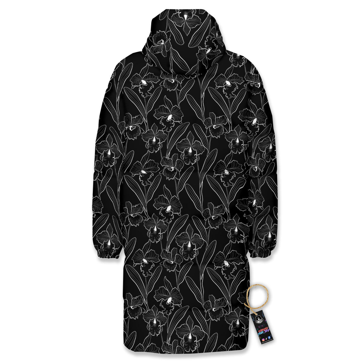 Flower Black Cattleya Print Pattern Long Down Jacket-grizzshop