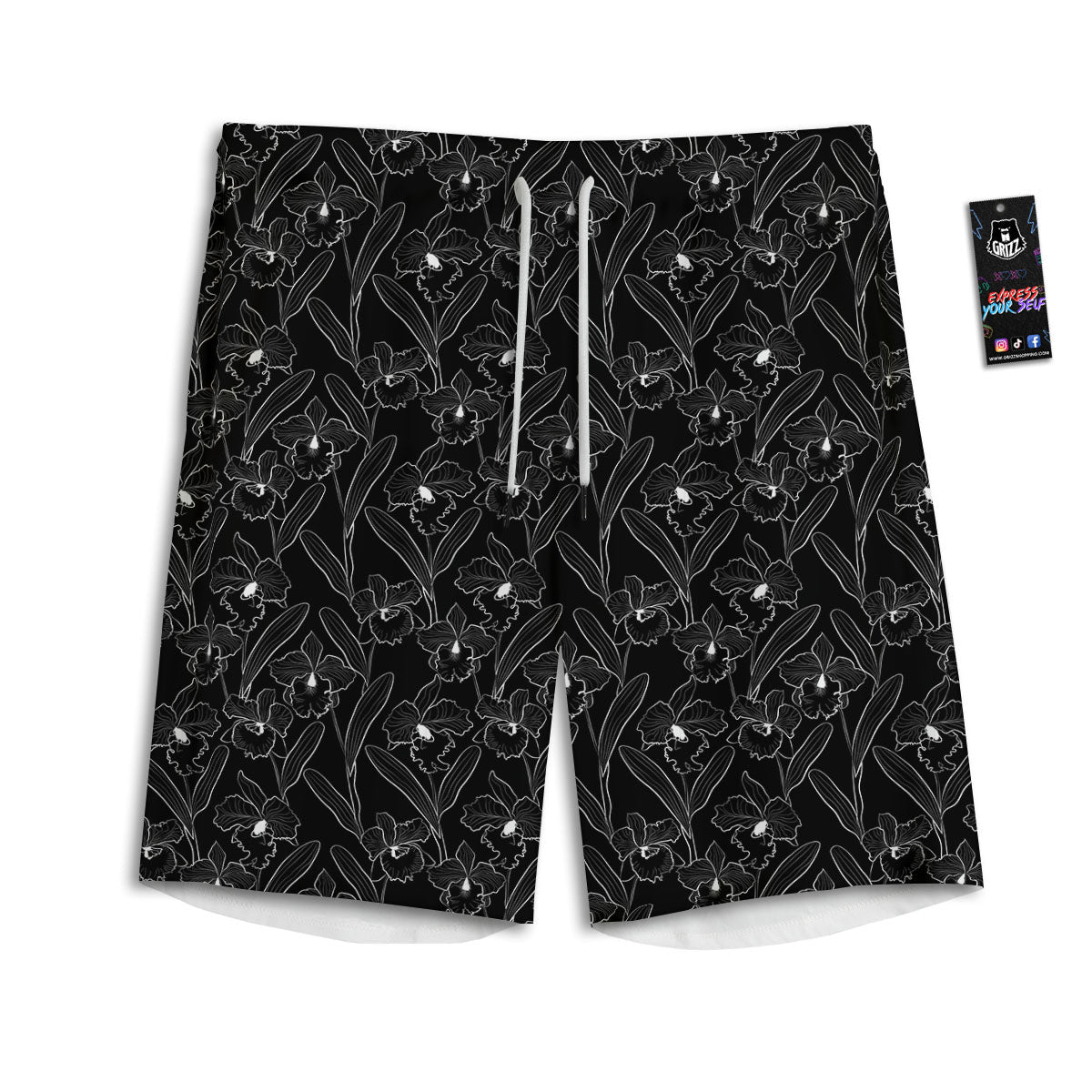 Flower Black Cattleya Print Pattern Men's Athletic Shorts