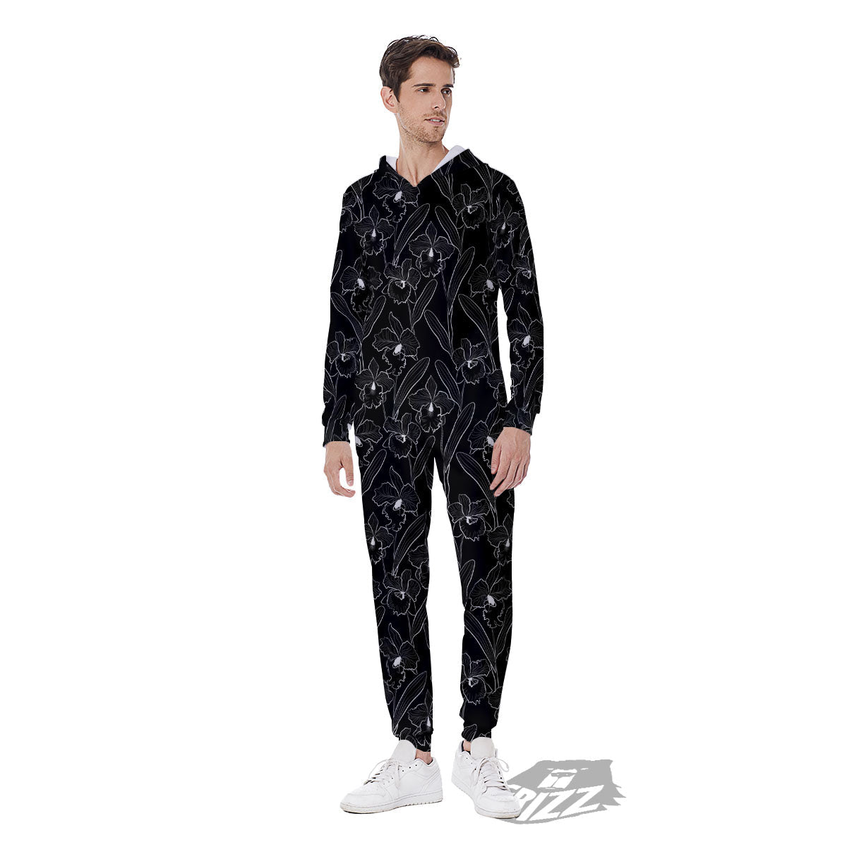 Flower Black Cattleya Print Pattern Men's Jumpsuit-grizzshop