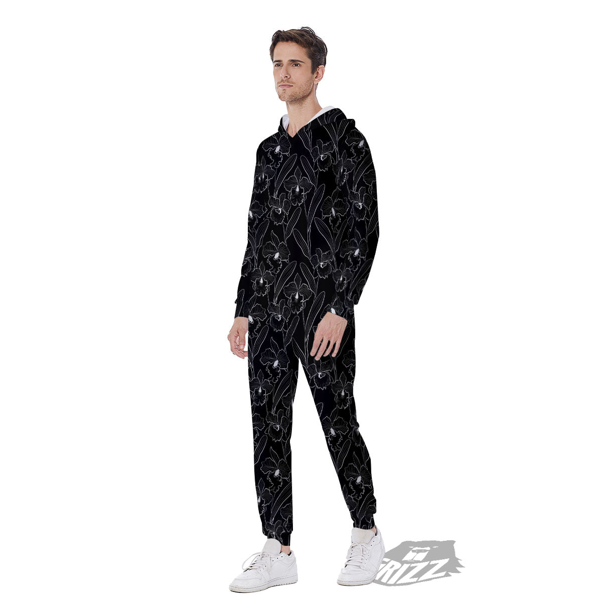 Flower Black Cattleya Print Pattern Men's Jumpsuit-grizzshop