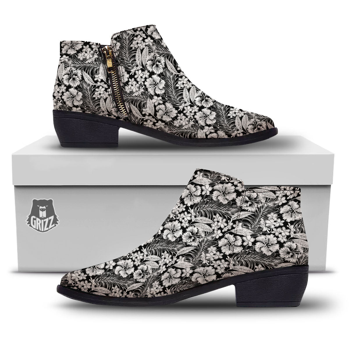 Flower Black Plumeria Print Pattern Ankle Boots-grizzshop