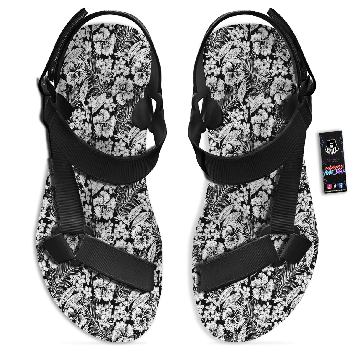Flower Black Plumeria Print Pattern Black Open Toe Sandals-grizzshop