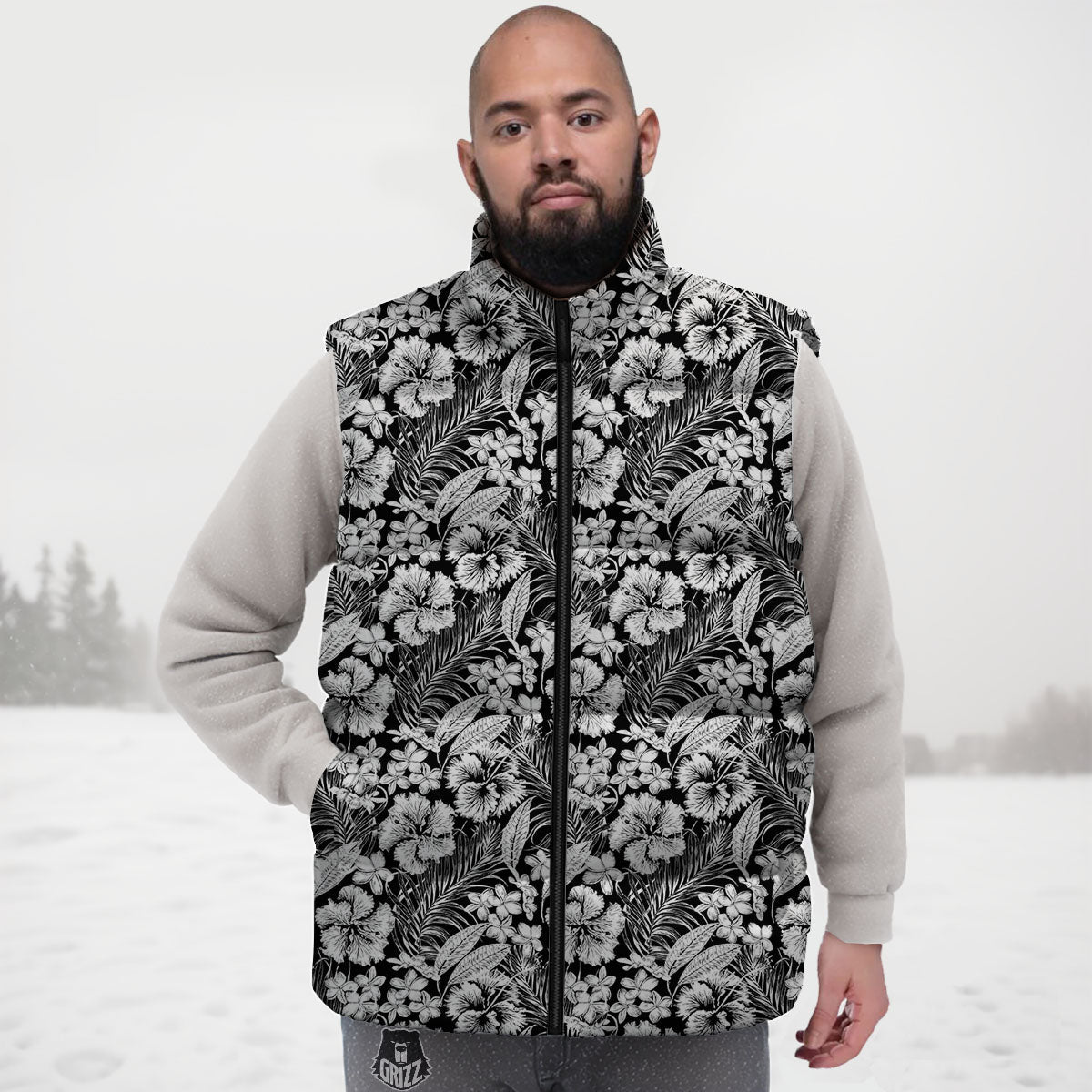 Flower Black Plumeria Print Pattern Down Vest-grizzshop