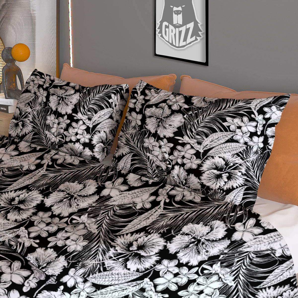 Flower Black Plumeria Print Pattern Duvet Cover Bedding Set-grizzshop