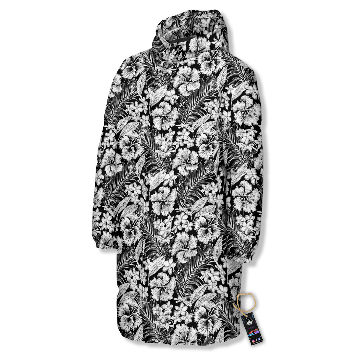 Flower Black Plumeria Print Pattern Long Down Jacket-grizzshop