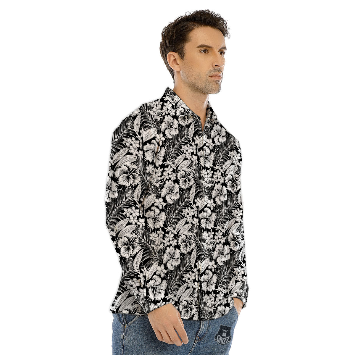 Flower Black Plumeria Print Pattern Men's Dress Shirts-grizzshop