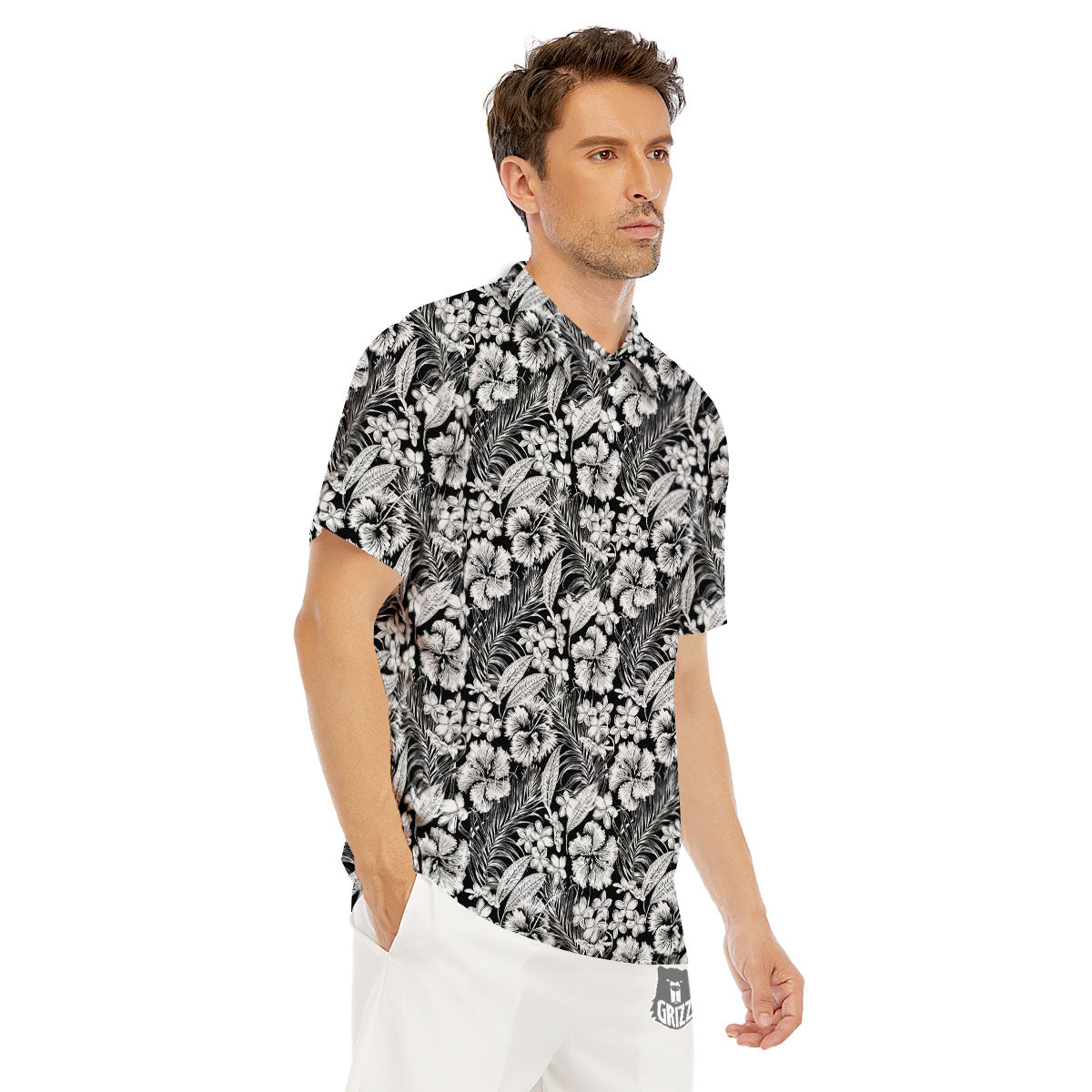 Flower Black Plumeria Print Pattern Men's Golf Shirts-grizzshop