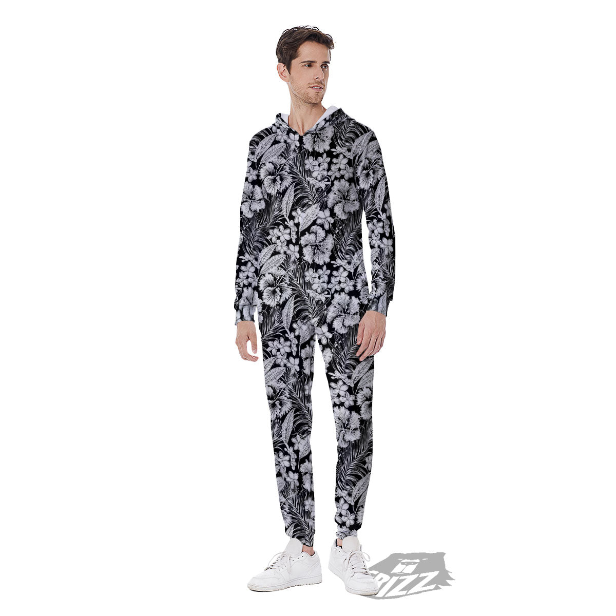 Flower Black Plumeria Print Pattern Men's Jumpsuit-grizzshop