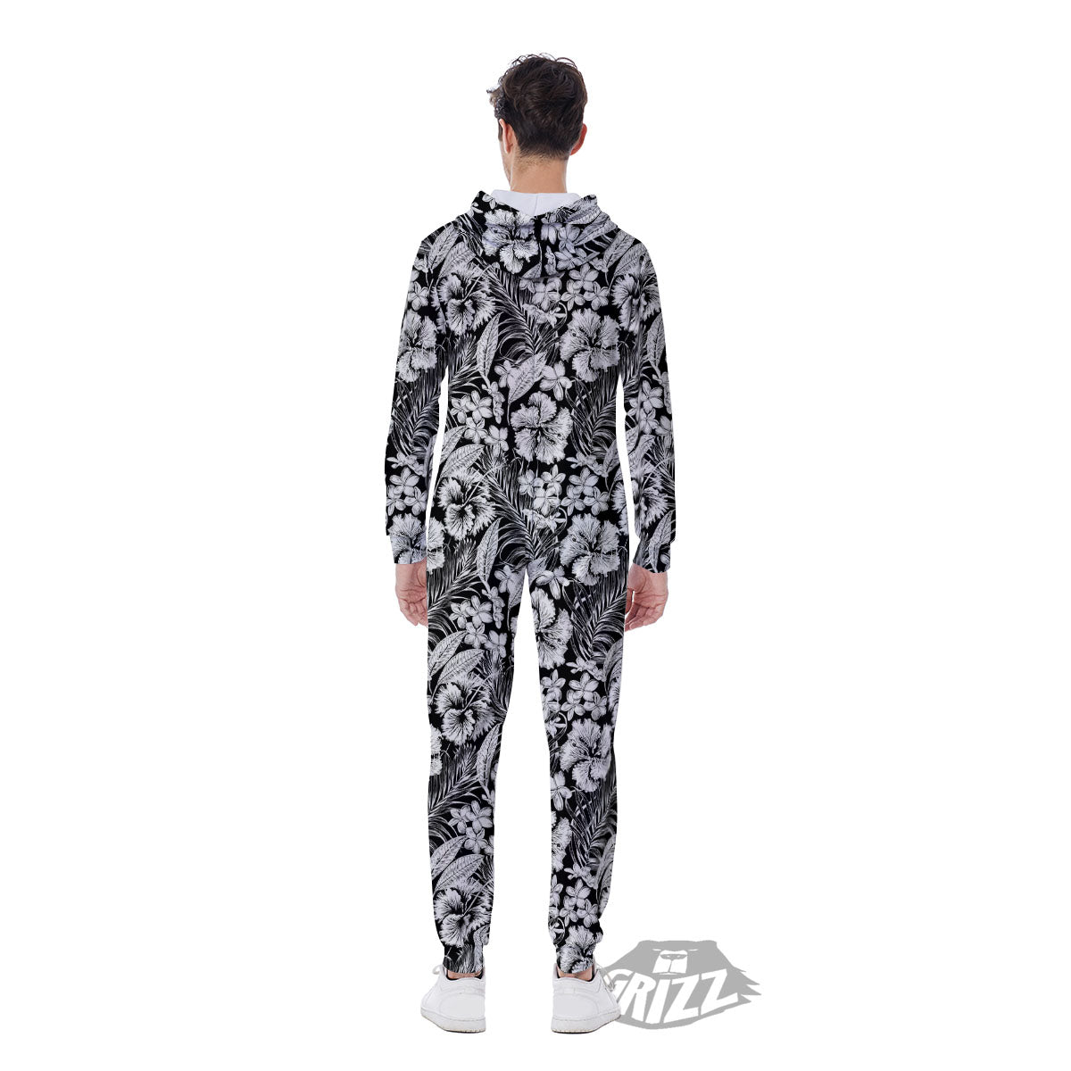 Flower Black Plumeria Print Pattern Men's Jumpsuit-grizzshop