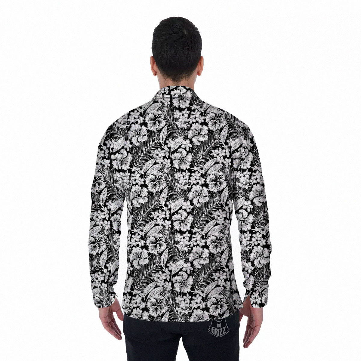 Flower Black Plumeria Print Pattern Men's Long Sleeve Shirts-grizzshop