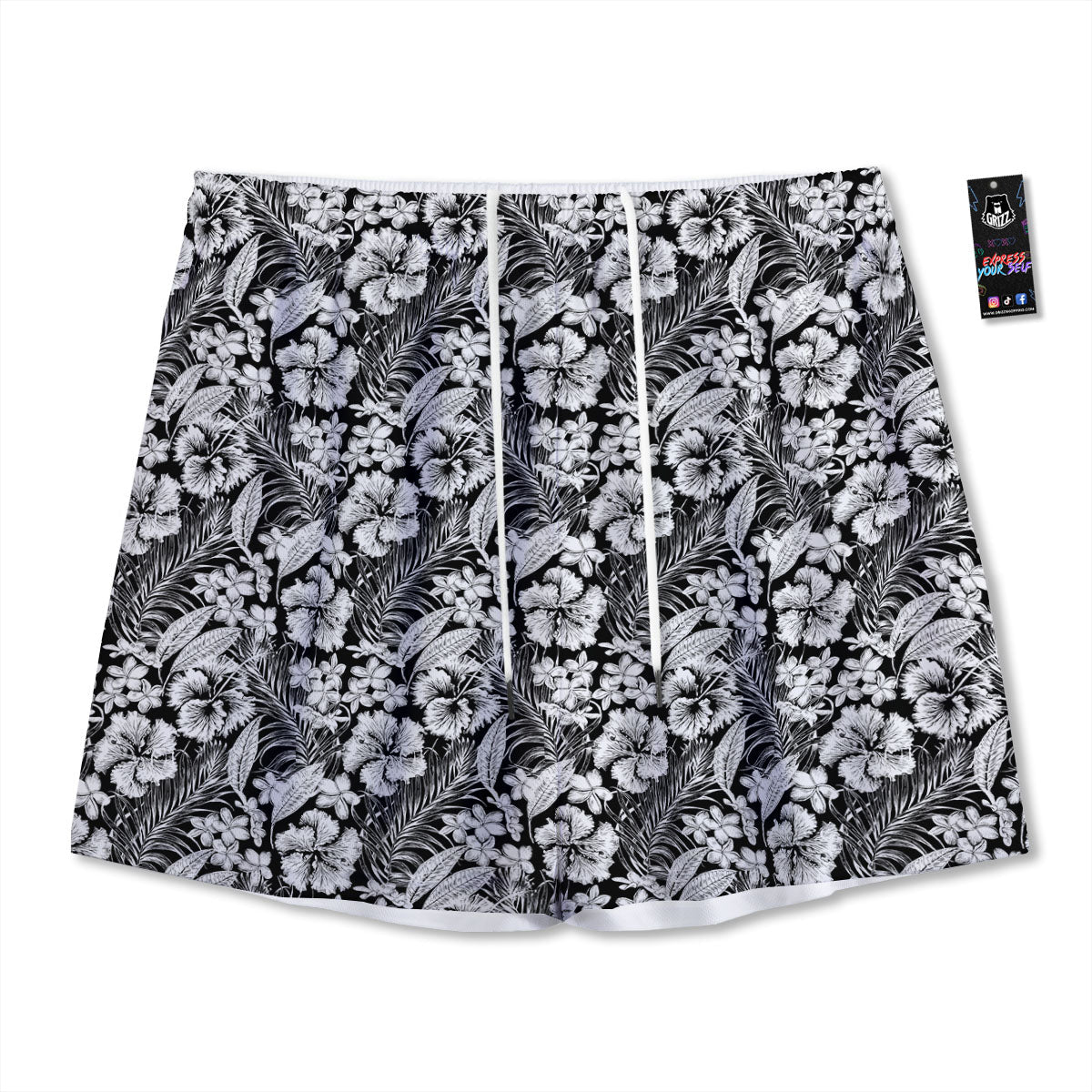 Flower Black Plumeria Print Pattern Mesh Shorts-grizzshop
