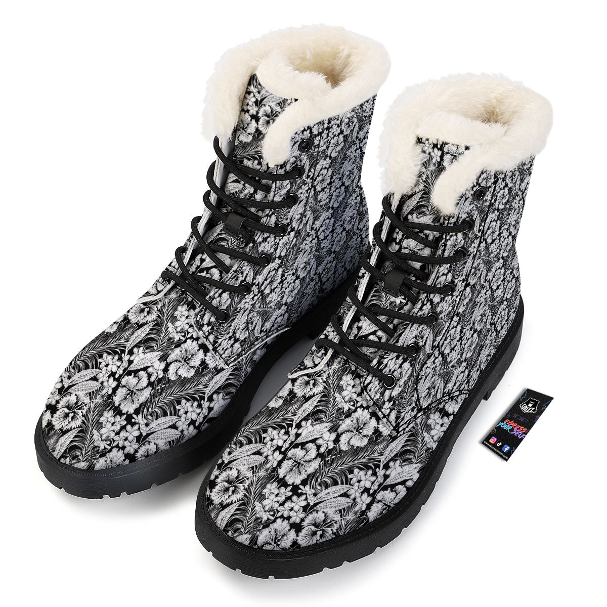 Flower Black Plumeria Print Pattern Winter Boots-grizzshop