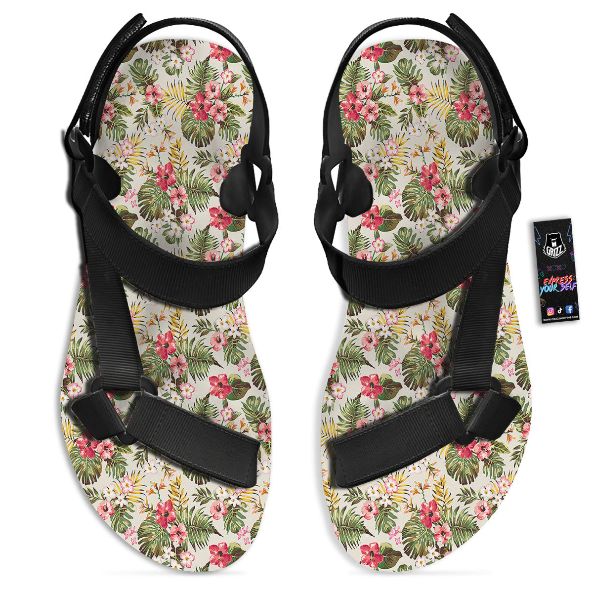 Flower Blossom Tropical Print Pattern Black Open Toe Sandals-grizzshop