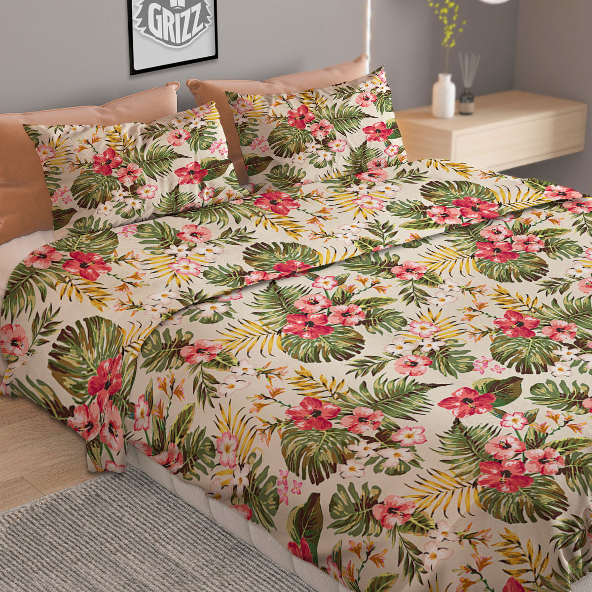 Flower Blossom Tropical Print Pattern Duvet Cover Bedding Set-grizzshop