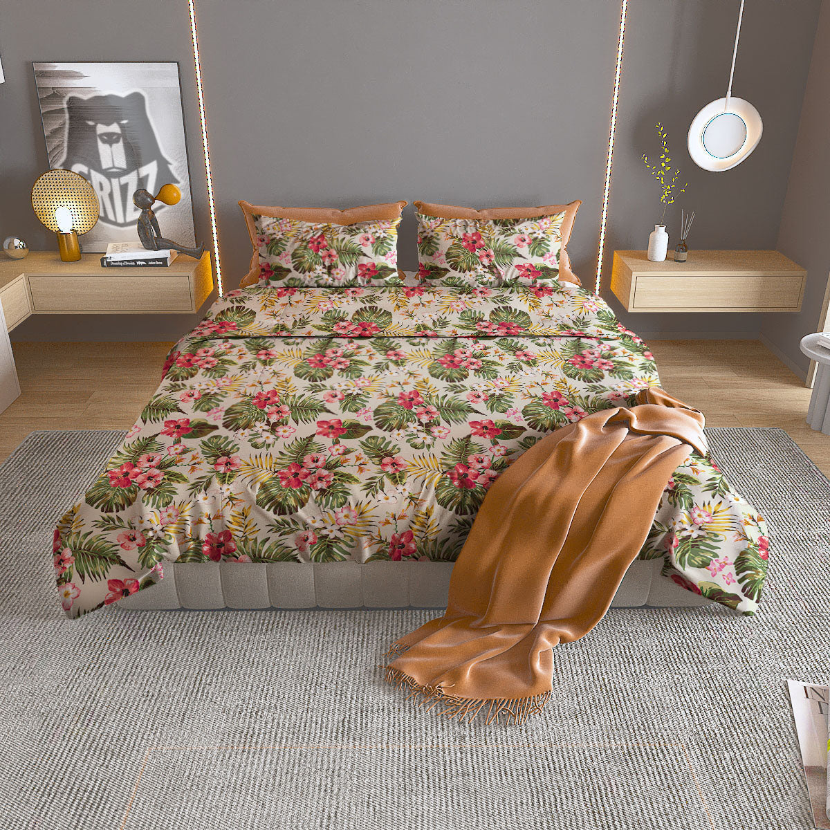 Flower Blossom Tropical Print Pattern Duvet Cover Bedding Set-grizzshop
