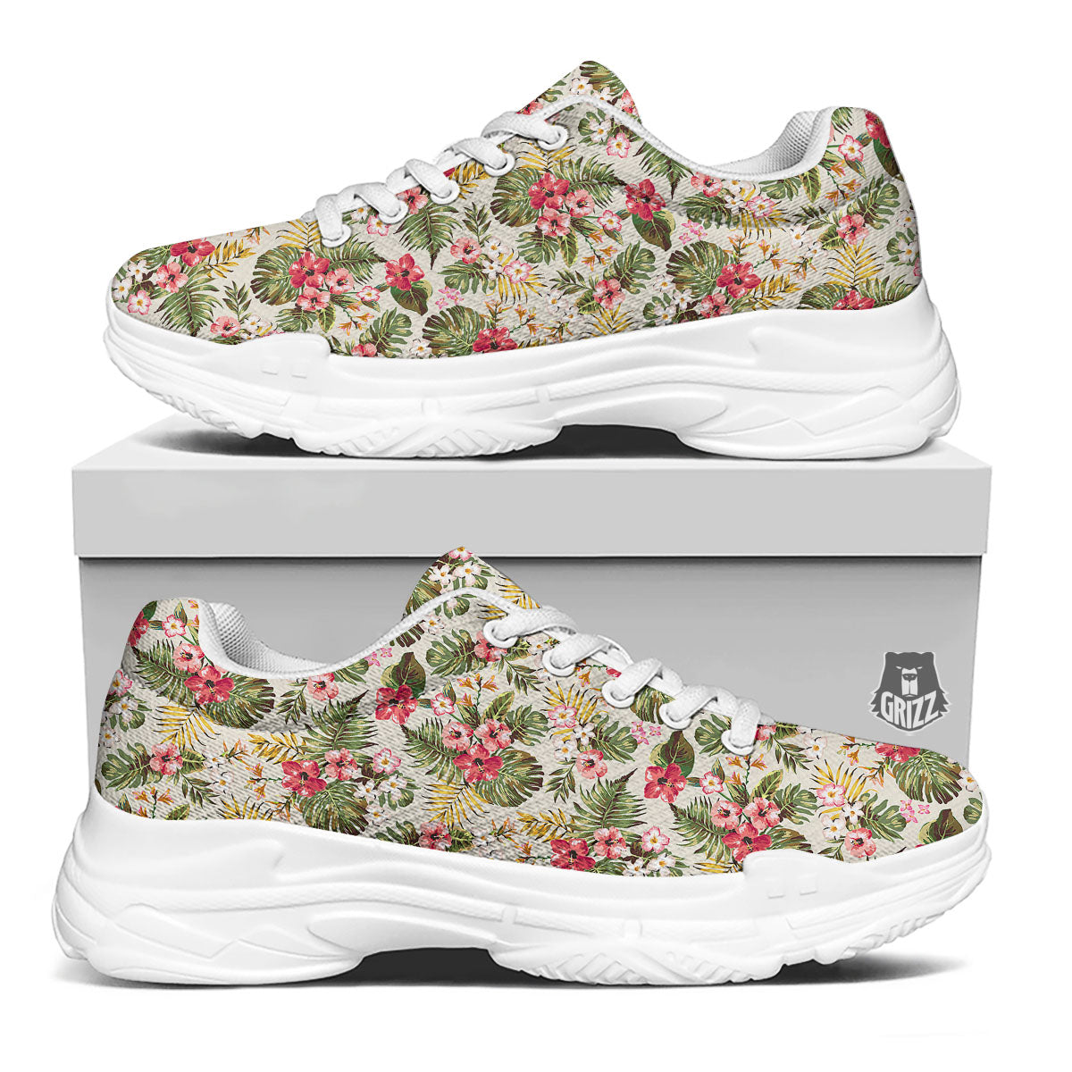 Flower Blossom Tropical Print Pattern White Chunky Shoes-grizzshop