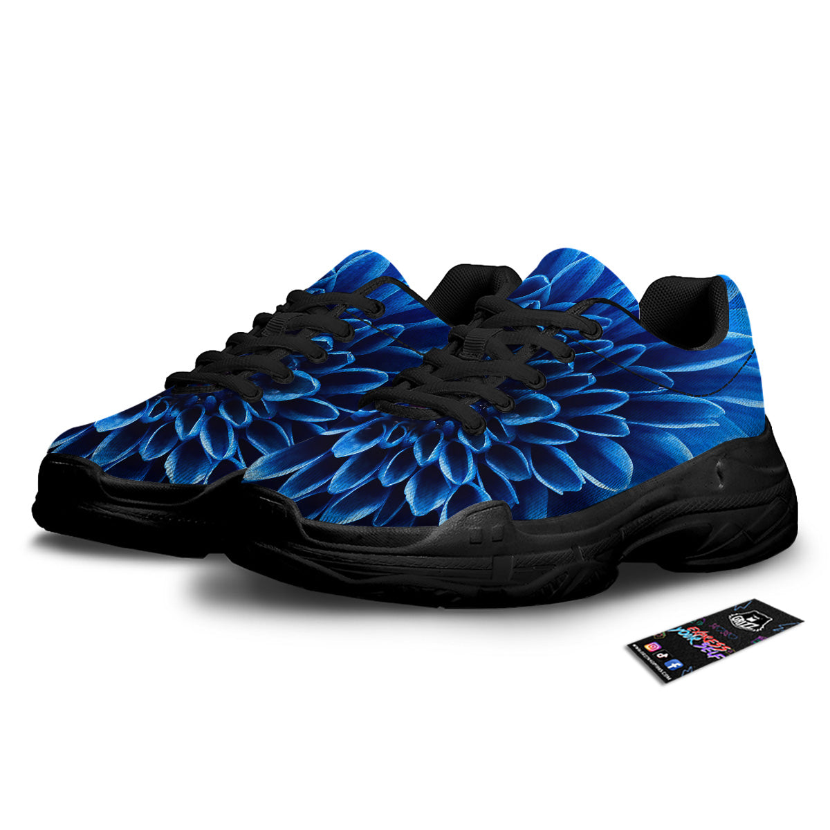 Flower Blue Chrysanthemum Print Black Chunky Shoes-grizzshop