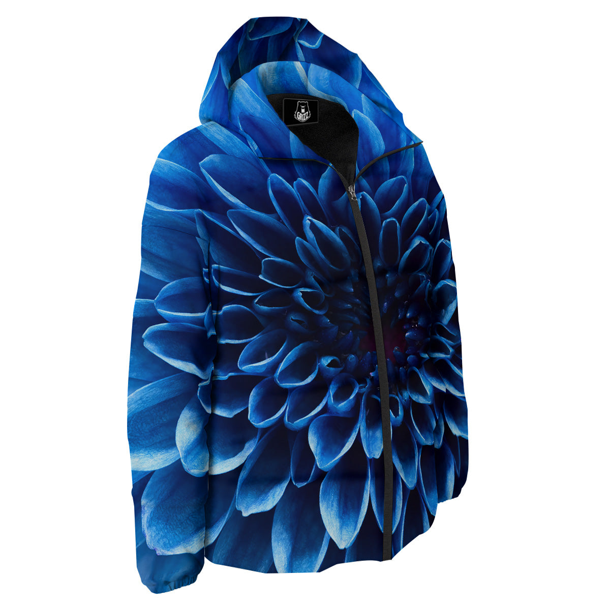 Flower Blue Chrysanthemum Print Down Jacket-grizzshop