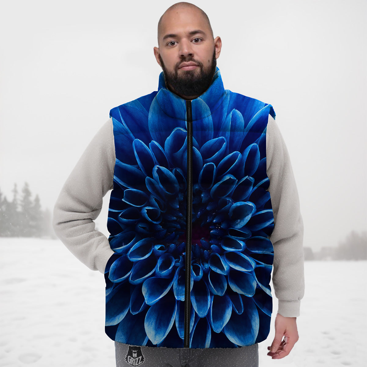 Flower Blue Chrysanthemum Print Down Vest