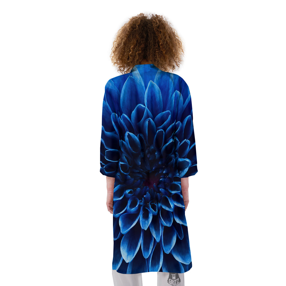 Flower Blue Chrysanthemum Print Kimono-grizzshop