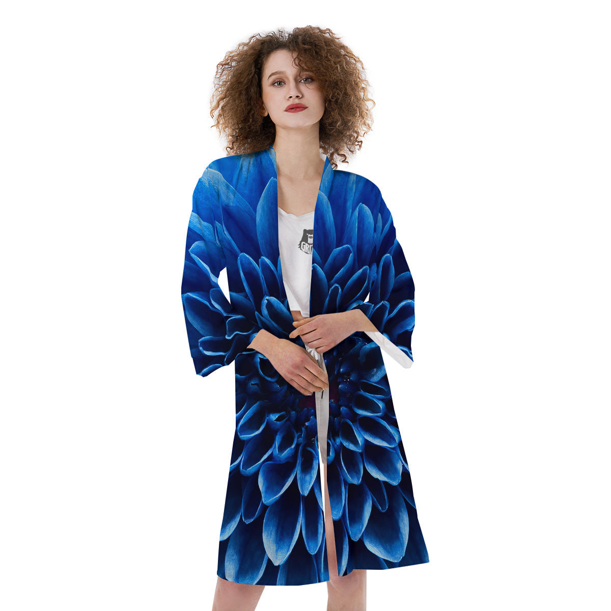 Flower Blue Chrysanthemum Print Kimono-grizzshop