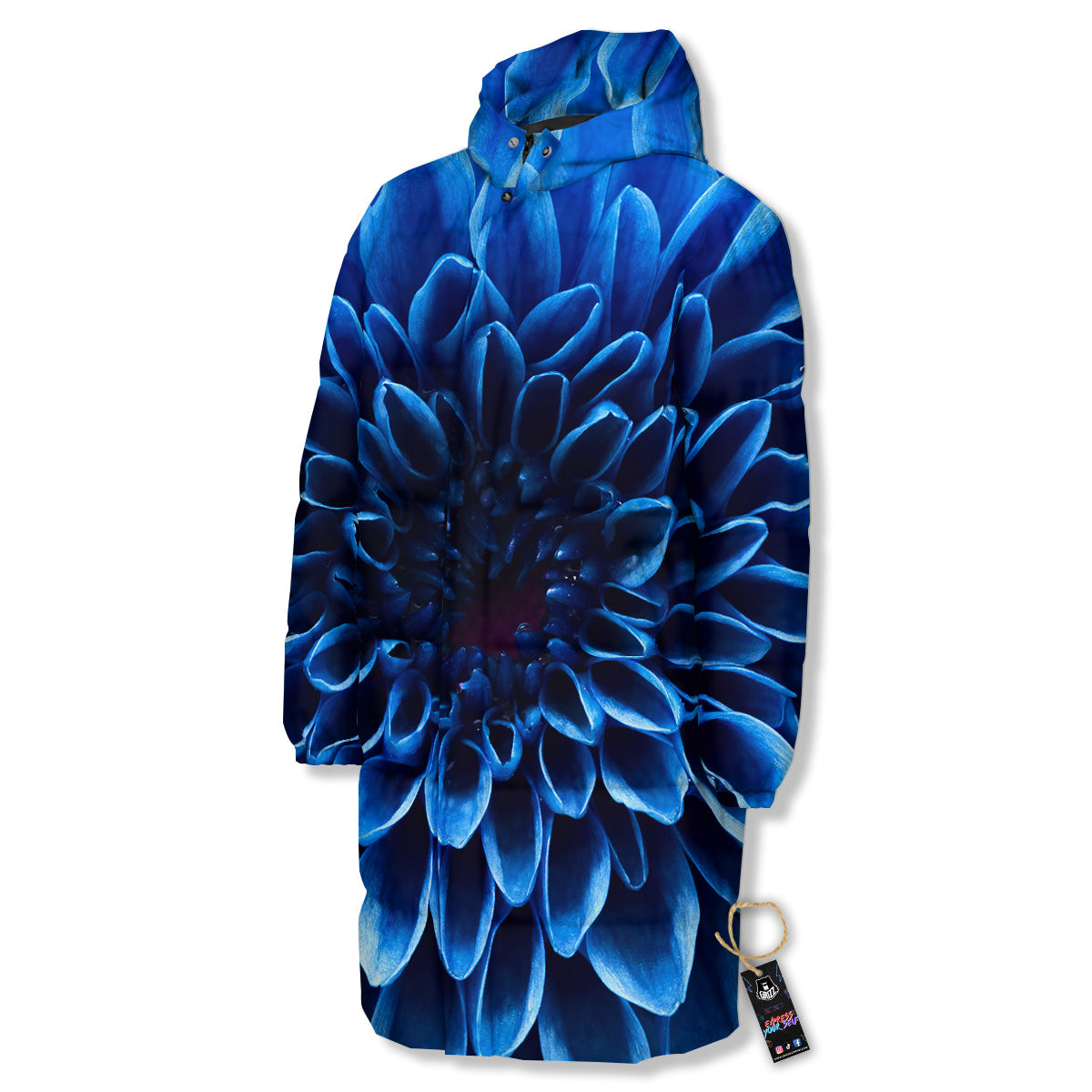 Flower Blue Chrysanthemum Print Long Down Jacket-grizzshop
