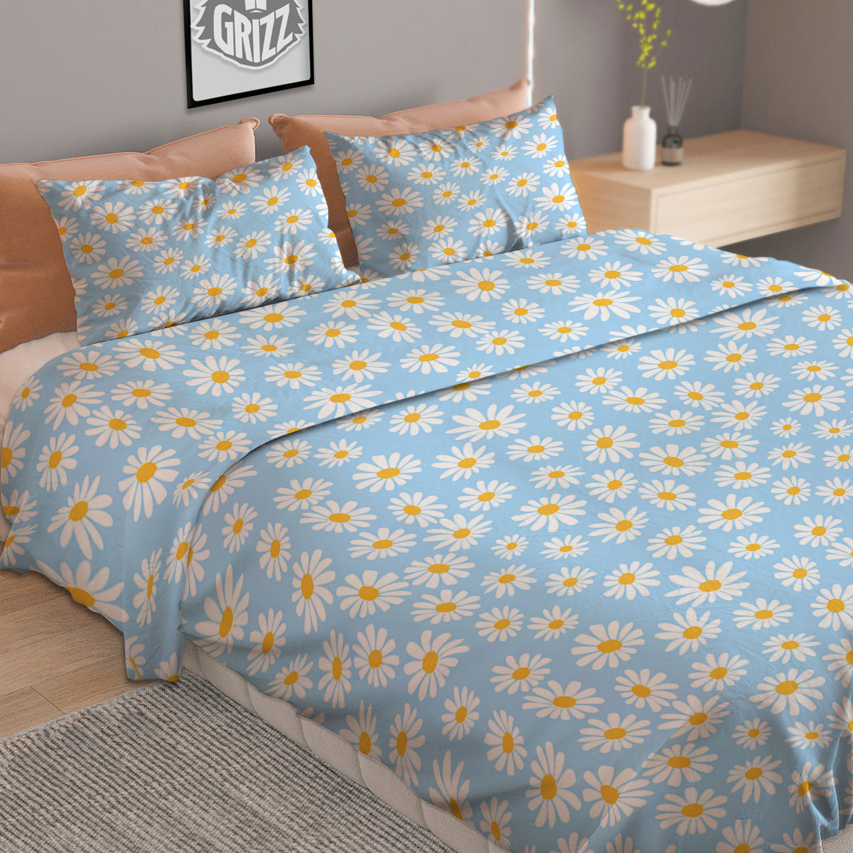 Flower Blue Daisy Print Pattern Duvet Cover Bedding Set-grizzshop