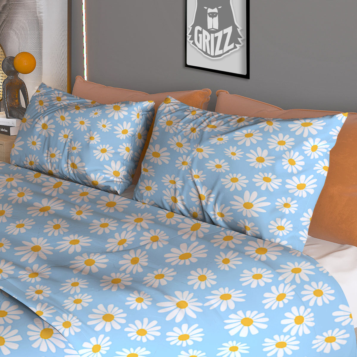 Flower Blue Daisy Print Pattern Duvet Cover Bedding Set-grizzshop