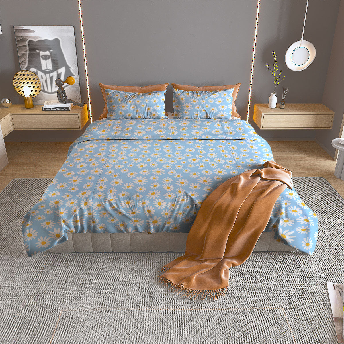 Flower Blue Daisy Print Pattern Duvet Cover Bedding Set-grizzshop