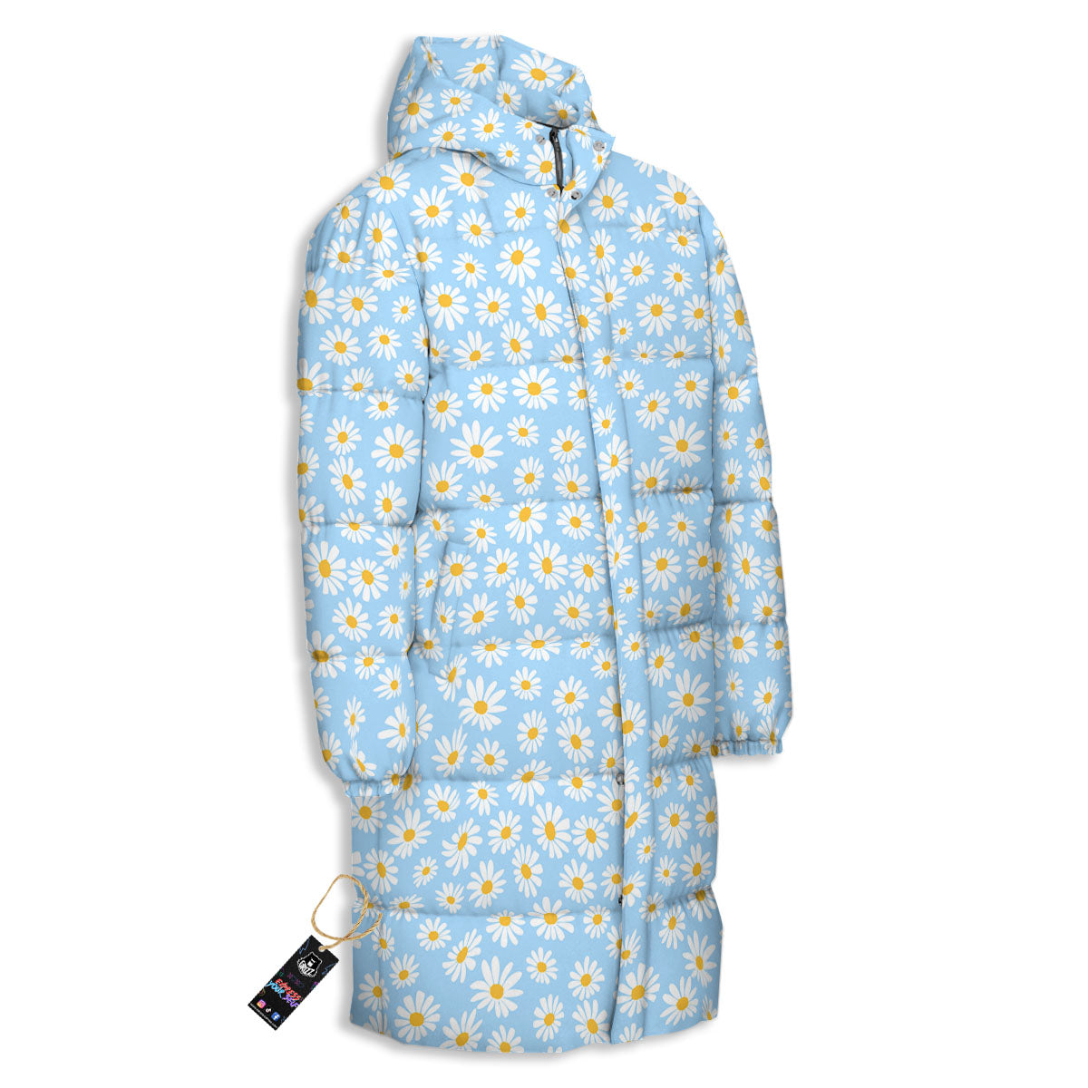 Flower Blue Daisy Print Pattern Long Down Jacket-grizzshop