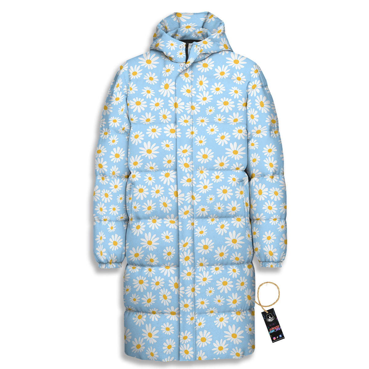 Flower Blue Daisy Print Pattern Long Down Jacket-grizzshop