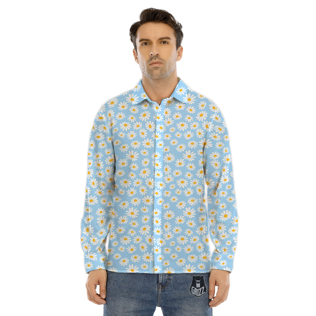 Flower Blue Daisy Print Pattern Men's Dress Shirts-grizzshop