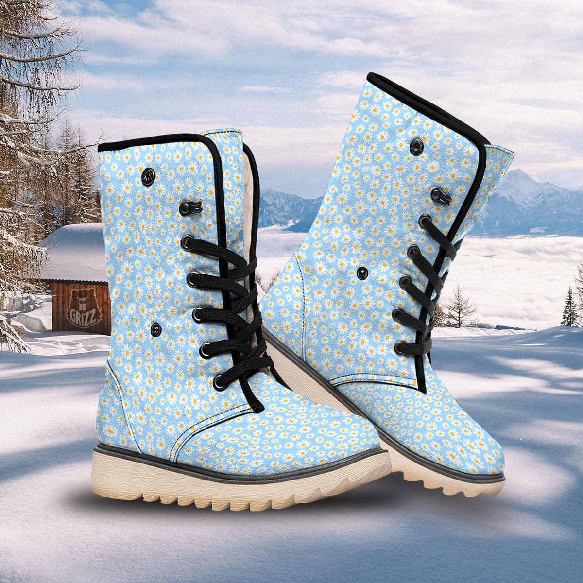 Flower Blue Daisy Print Pattern Snow Boots-grizzshop