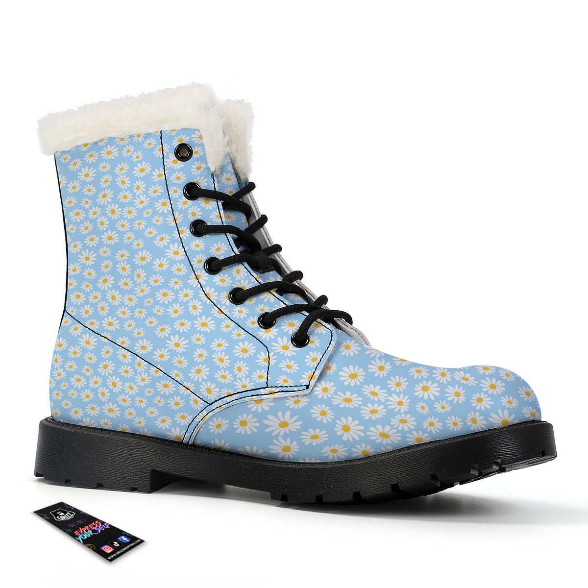 Flower Blue Daisy Print Pattern Winter Boots-grizzshop