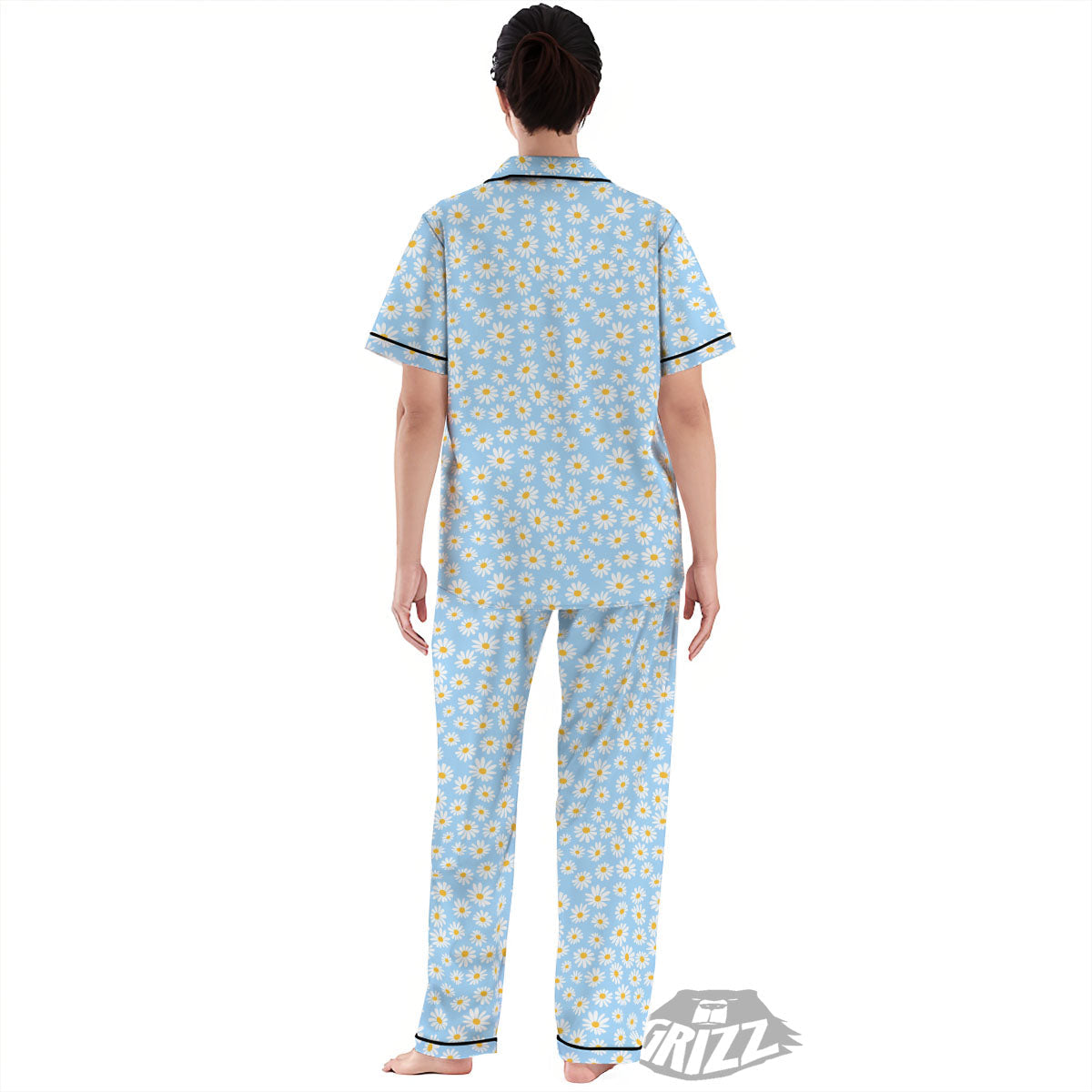 Flower Blue Daisy Print Pattern Women's Pajamas Set-grizzshop