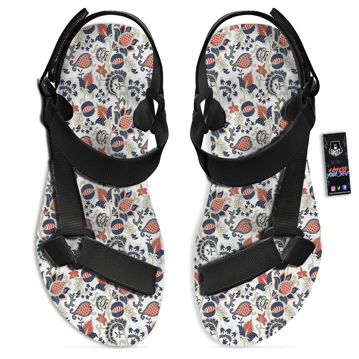 Flower Boho Paisley Print Pattern Black Open Toe Sandals-grizzshop
