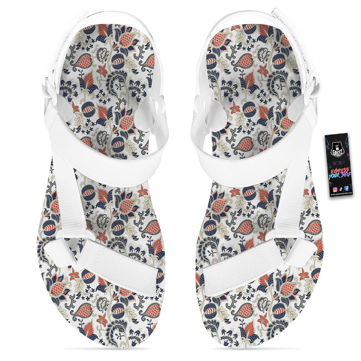 Flower Boho Paisley Print Pattern White Open Toe Sandals-grizzshop