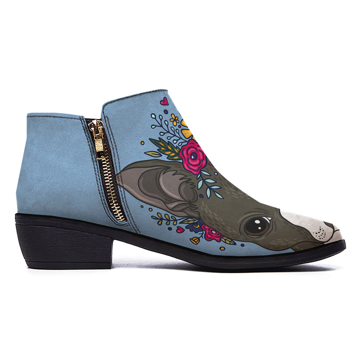 Flower Boston Terrier Cartoon Print Ankle Boots-grizzshop