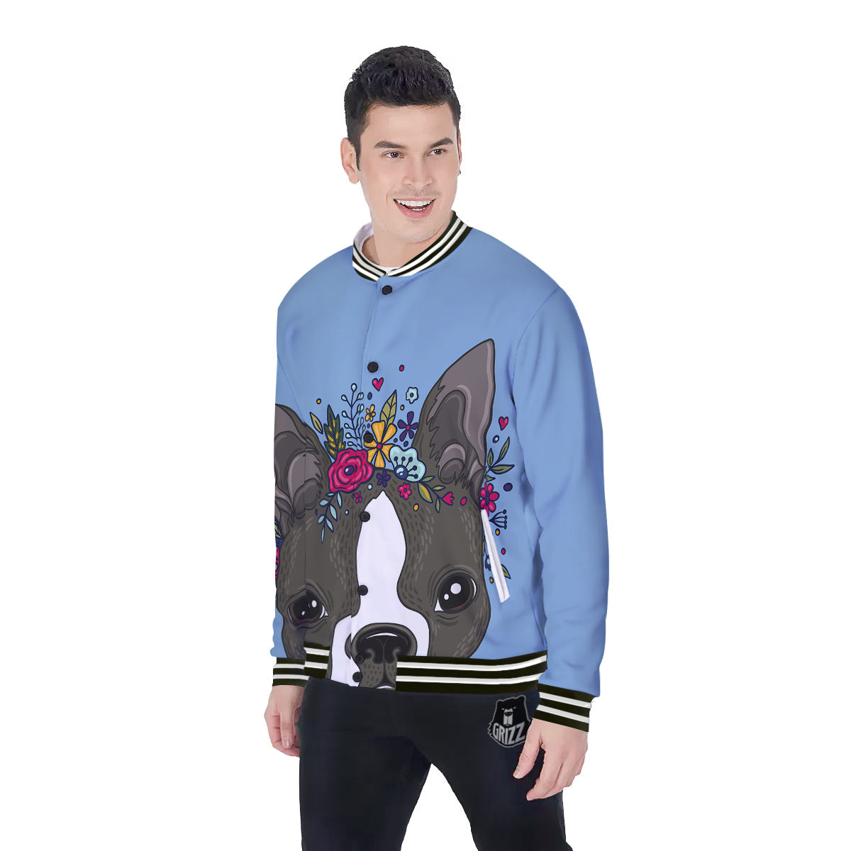 Flower Boston Terrier Cartoon Print Baseball Jacket-grizzshop