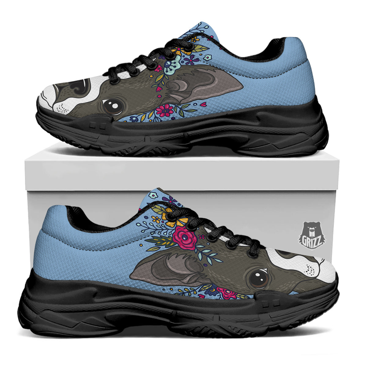 Flower Boston Terrier Cartoon Print Black Chunky Shoes-grizzshop