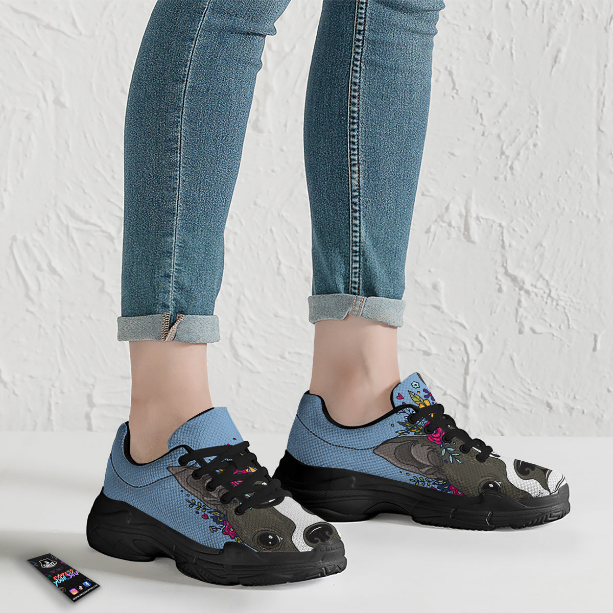 Flower Boston Terrier Cartoon Print Black Chunky Shoes-grizzshop
