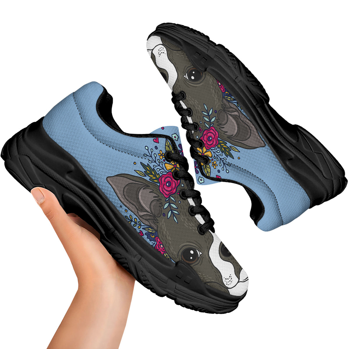 Flower Boston Terrier Cartoon Print Black Chunky Shoes-grizzshop