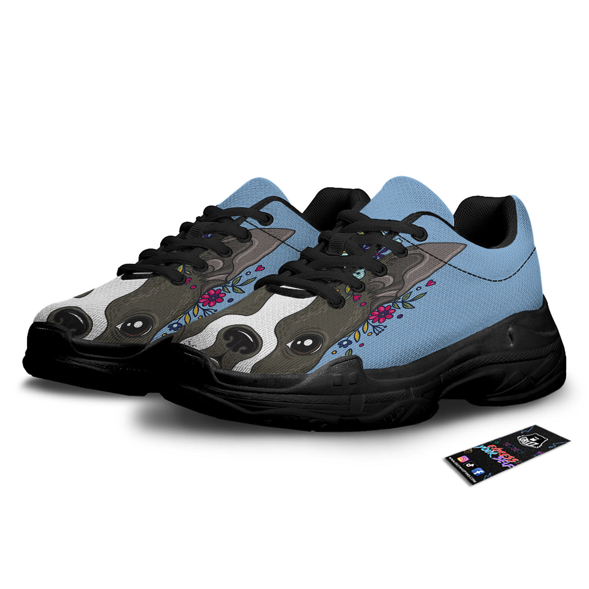Flower Boston Terrier Cartoon Print Black Chunky Shoes-grizzshop