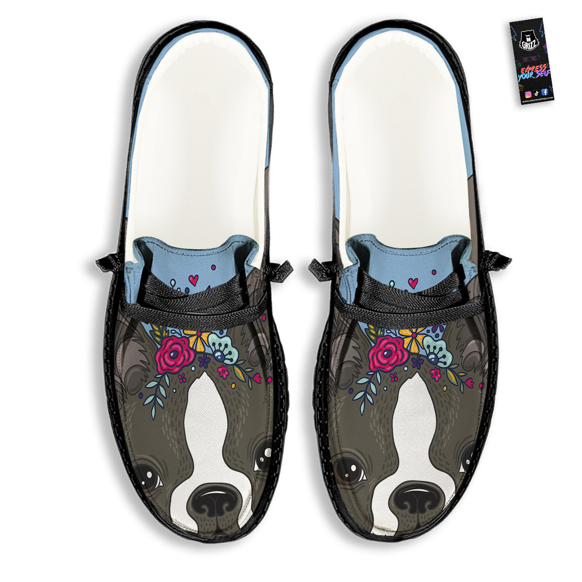 Flower Boston Terrier Cartoon Print Black Loafers-grizzshop