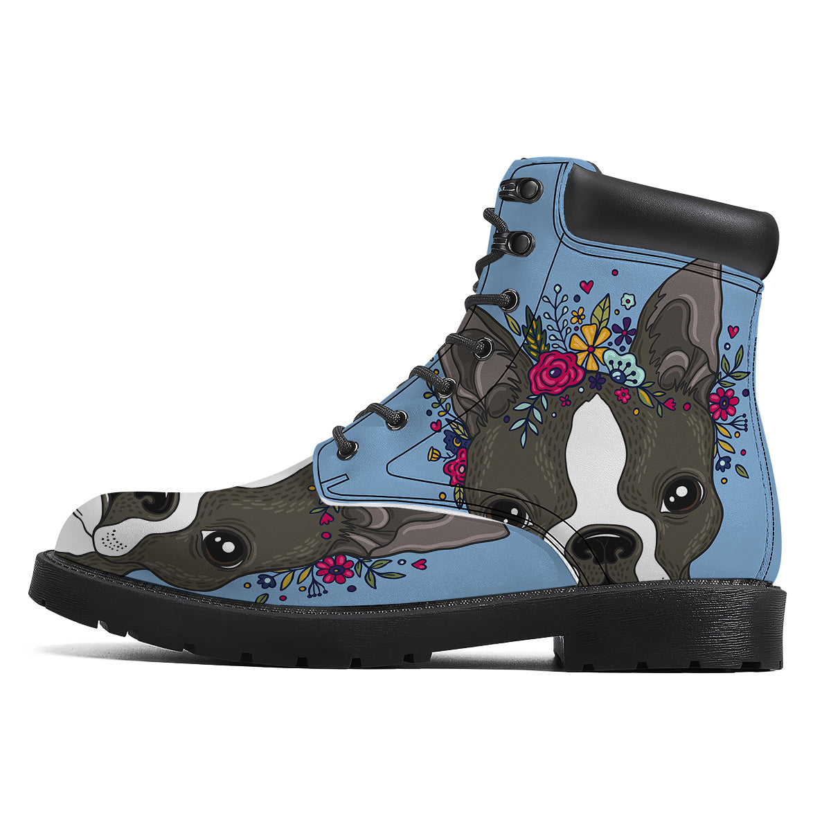 Flower Boston Terrier Cartoon Print Boots-grizzshop