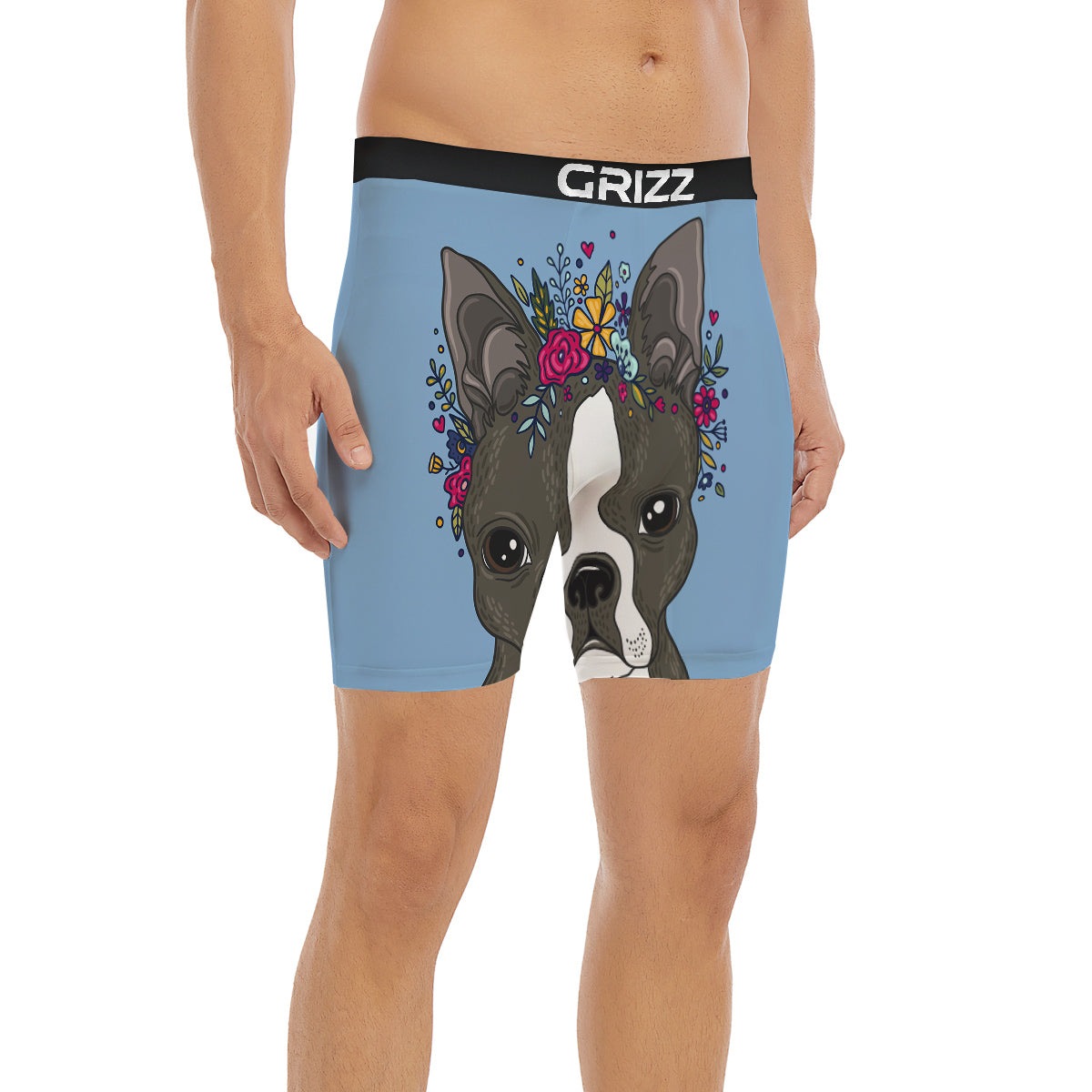 Flower Boston Terrier Cartoon Print Boxer Briefs-grizzshop