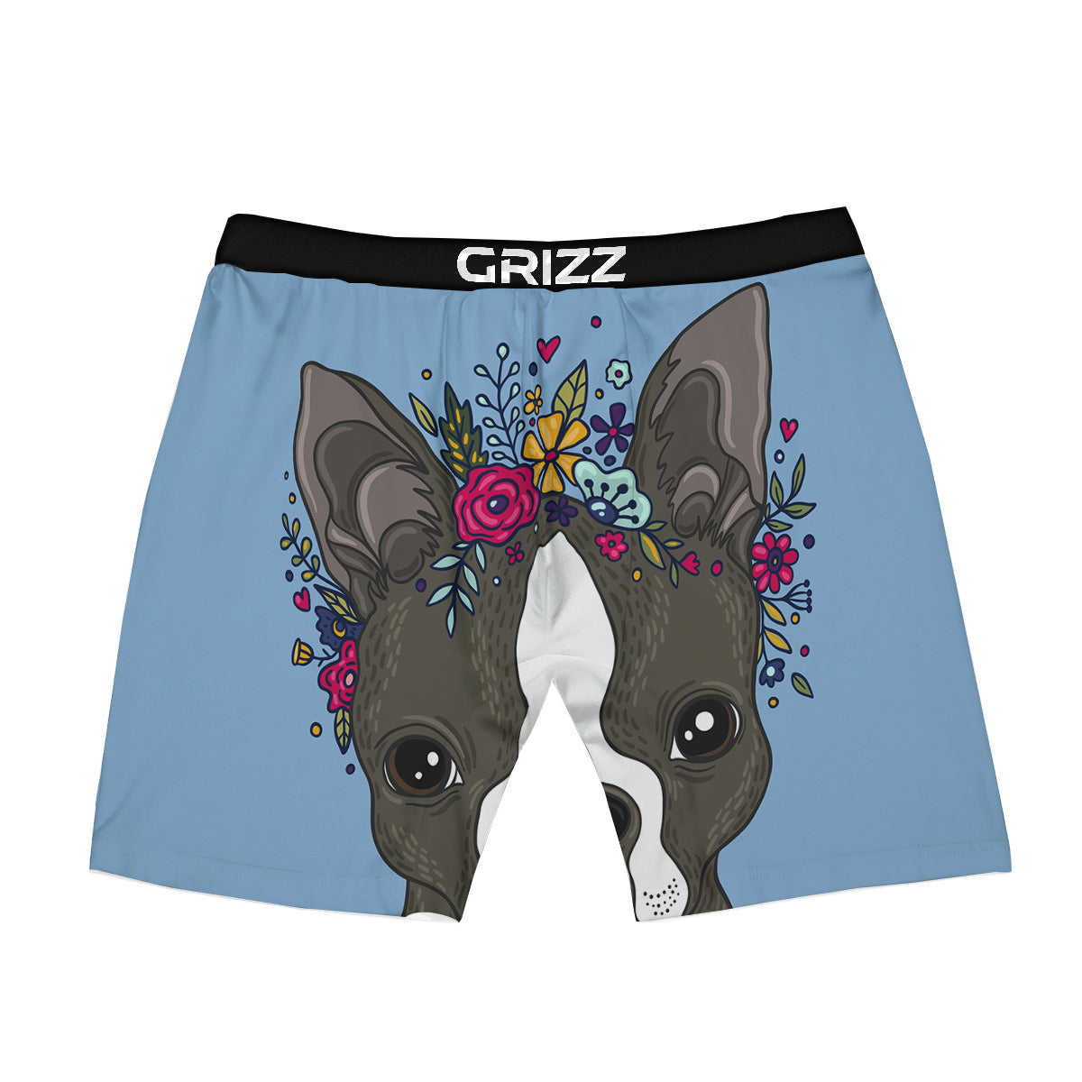 Flower Boston Terrier Cartoon Print Boxer Briefs-grizzshop
